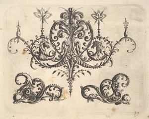 En fantastisk ljuskrona med brinnande ljus och arabesker, några som slutar på fantastisk häst..., 1610.