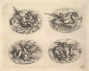 Fyra ovaler med Genii, tallrikar från Neue Grotessken Buch, 1610.