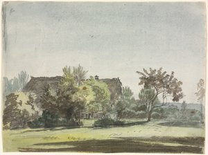 Bondgård bakom träd, ca. 1790.