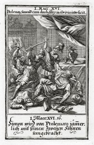 Simon och hans två söner dödas av Ptolemaios.1 Makkabeerbrevet 14:16, 1695