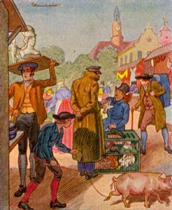 Wochenmarkt / Veckans marknad (färglitografi)