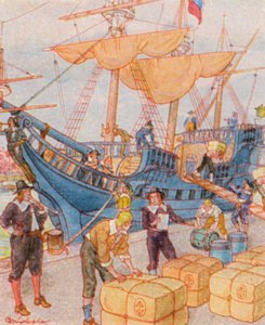 Hafen Mit Tabakballen / Hamn med tobaksbalar (färglitografi)