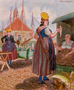 Hamburger Fischmarkt / Hamburgs fiskmarknad (färglitografi)