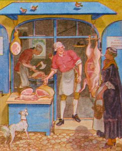 Metzgerladen / Slakteri (färglitografi)