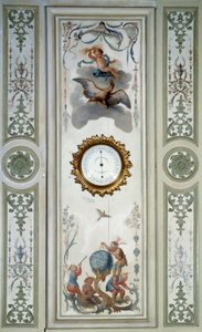 Panel av det stora vardagsrummet på Chateau de Champs sur Marne med barometer och kinoserie. Väggdekor målad av Christophe Huet (1700-1759) av Christophe Huet