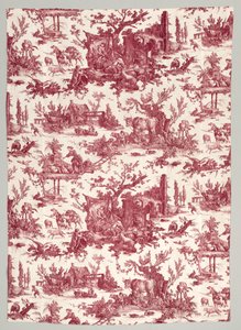 Remsa av koppartryckt bomull med Les plaisirs de la ferme-design, 1785-1790.
