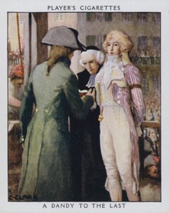 A Dandy to the Last, som Simson, bödeln, frågar om han får ta bort aristokratens cravat (färg litho)