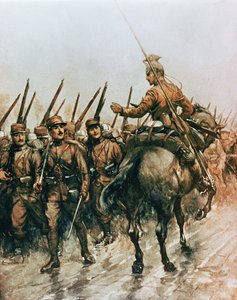 Lancer från Belgian Guides Corps passerar franskt infanteri som marscherar till fronten 1914 (lito i färg)