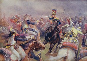 The Charge of the Heavy Brigade against the French Cuirassiers at Waterloo, från "British Battles on Land and Sea" redigerad av Sir Evelyn Wood (1838-1919) publicerad först 1915