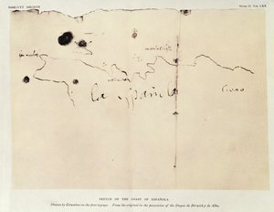 Skiss över Espanolas kust, ritad av Columbus på den första resan, från originalet i Duque de Berwick y de Albas ägo, 1492 (bläck på papper)