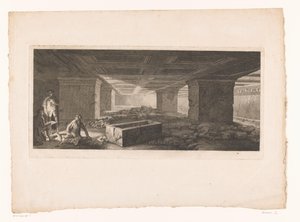 Etruskisk gravkammare i Tarquinia med en ritare till vänster som tänds med en fackla av Christopher Norton
