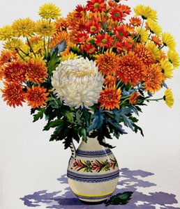 Krysantemum i mönstrad kanna, 2005 (wc på papper) av Christopher Ryland