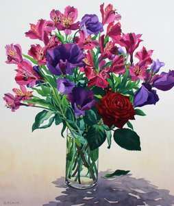 Blommor med röd ros (akvarell på papper) av Christopher Ryland