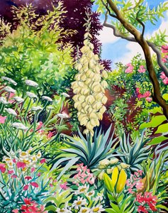 Trädgård med blommande Yucca (akvarell på papper)
