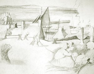 Breton Fishing Village, ca 1929-30 (penna på papper) av Christopher Wood