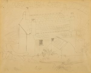 Stuga, Cornwall (penna på papper) av Christopher Wood