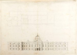 Hampton Court Palace, delplan och skisshöjd för en entréfasad, troligen för 2:a schemat, numrerad 5 & 6