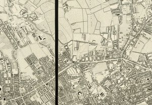 Detalj av området runt Pentonville, från Map of London, från en faktisk undersökning som gjordes 1824 av Christopher and John (fl.1821 40) Greenwood