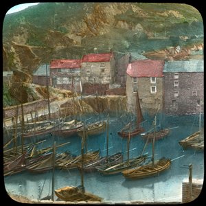 Fiskebåtar i hamnen, Polperro, Cornwall, sent 1800- eller tidigt 1900-tal