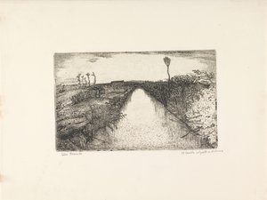 Landskap med kanal Il canale col ponte in distanza (titel på objekt) av Cino Bozzetti