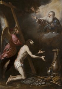 Spanska: Cristo flagelado arrodillado ante Dios Padre (Den gisslade Kristus knäböjer inför Gud Fadern) av Circle of Antonio del Castillo y Saavedra