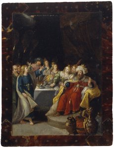 Belsassars högtid, utan datum (olja på koppar) av Circle of Frans Francken the Younger