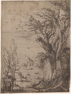 Landskap med knotiga träd och fiskare av Circle of Jacques de Gheyn