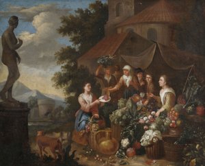 Säljer grönsaker och blommor i ett italienskt marknadsstånd. av Circle of Norbert van Bloemen