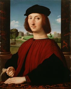 Porträtt av en ung man i rött av Circle of Raphael