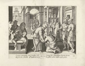 Cornelius knäböjer framför Peter Apostlarnas handlingar (serietitel) Acta Apostolorum (serietitel) av Claes Jansz. Visscher (II) (attributed to workshop of)