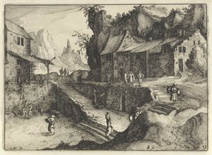 Bergsby med hus och trappor Holländska landskap (serietitel) Amaeniores Aliquot Regiunculae (serietitel på objekt)
