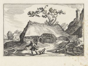 skällande hund på en gård Landskap med gårdar (serietitel) av Claes Jansz. Visscher (II)