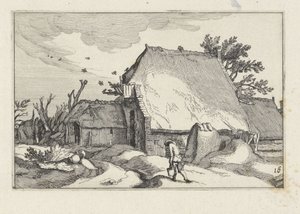 Gård och man med två hinkar Landskap med gårdar (serietitel) av Claes Jansz. Visscher (II)