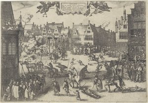 Avrättning av krutförräderiernas konspiratörer, 1606 Supplicium de octo coniuratis sumtum i Britannia (titel på objekt) av Claes Jansz. Visscher (II)