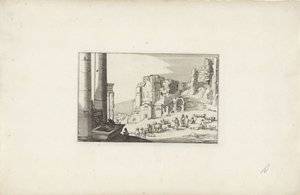 Kuperat landskap med en fontän och herdar Italienska landskap med ruiner (serietitel) Variae antiquitates Romanae (serietitel på objekt) av Claes Jansz. Visscher (II)