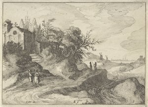 Kapell på en slingrande landsväg Holländska landskap (serietitel) Amaeniores Aliquot Regiunculae (serietitel på objekt) av Claes Jansz. Visscher (II)