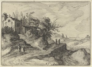 Kapell på en slingrande landsväg Holländska landskap (serietitel) Amaeniores Aliquot Regiunculae (serietitel på objekt) av Claes Jansz. Visscher (II)
