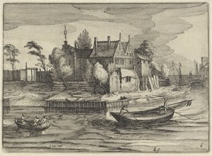 Sloopar på ett gods Holländska landskap (serietitel) Amaeniores Aliquot Regiunculae (serietitel på objekt) av Claes Jansz. Visscher (II)