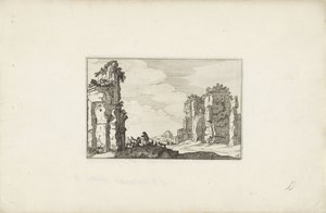 Två herdar vid en ruin Italienska landskap med ruiner (serietitel) Variae antiquitates Romanae (serietitel på objekt) av Claes Jansz. Visscher (II)