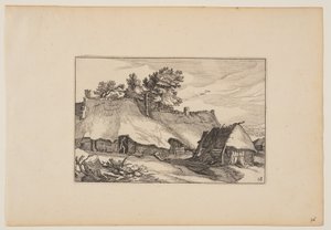 En gård, en man i dörröppningen, från Landskap (Verscheyden aerdige Lanthuysen...) av Claes Jansz. Visscher