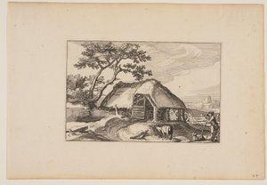 Ladugård, hjord vilar på sin pinne i höger förgrund, från Landskap (Verscheyden aerdige Lanthuysen...)