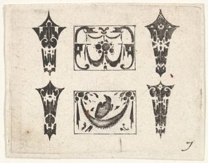 Svarttryck med två horisontella paneler och fyra ramar, ca. 1620.