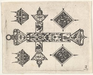Svarttryck med ett latinskt kors och fyra motiv, ca. 1620. av Claes Jansz Visscher