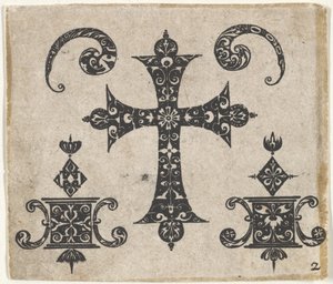 Svarttryck med ett latinskt kors och små motiv, ca. 1620. av Claes Jansz Visscher