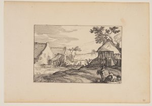 Bondgård Ung man och kvinna i förgrunden, från Landskap (Verscheyden aerdige Lanthuysen...) av Claes Jansz. Visscher