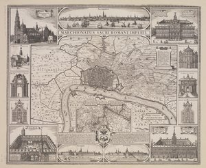 Plan över Antwerpen med prospekt över staden och de viktigaste byggnaderna