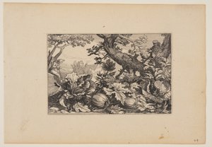 Träd och meloner, från landskap (Verscheyden aerdige Lanthuysen...) av Claes Jansz. Visscher