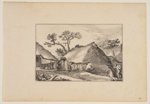 Två ladugårdar, vagnen till vänster, från Landskap (Verscheyden aerdige Lanthuysen...) av Claes Jansz. Visscher