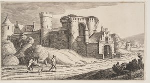En bonde med en häst på en väg nära stadsmuren, från Landskap (Playsante Lantschappen) av Claes Jansz. Visscher II