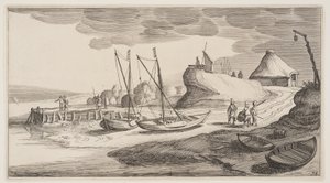 Båtar i land nära ett vakttorn, från Landscapes (Playsante Lantschappen)